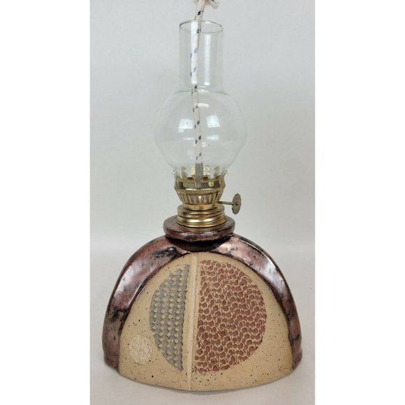 Stoneware Art Pottery Oil Lamp Triangle Red Blue Circle‎ Signed - Picture 3 of 7